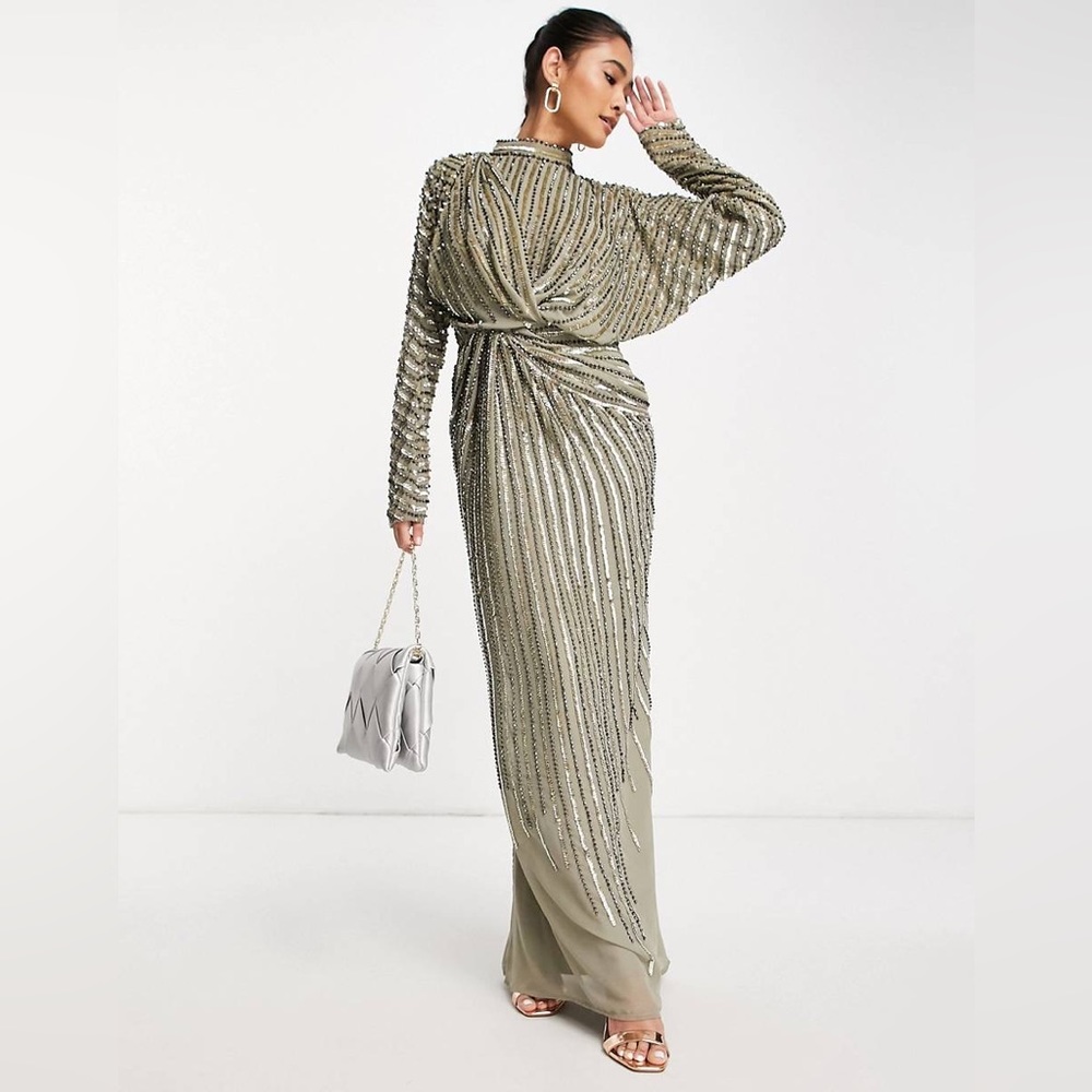 ASOS DESIGN Linear Embellished Maxi Dress with Twist Detail Taupe Green Size 6